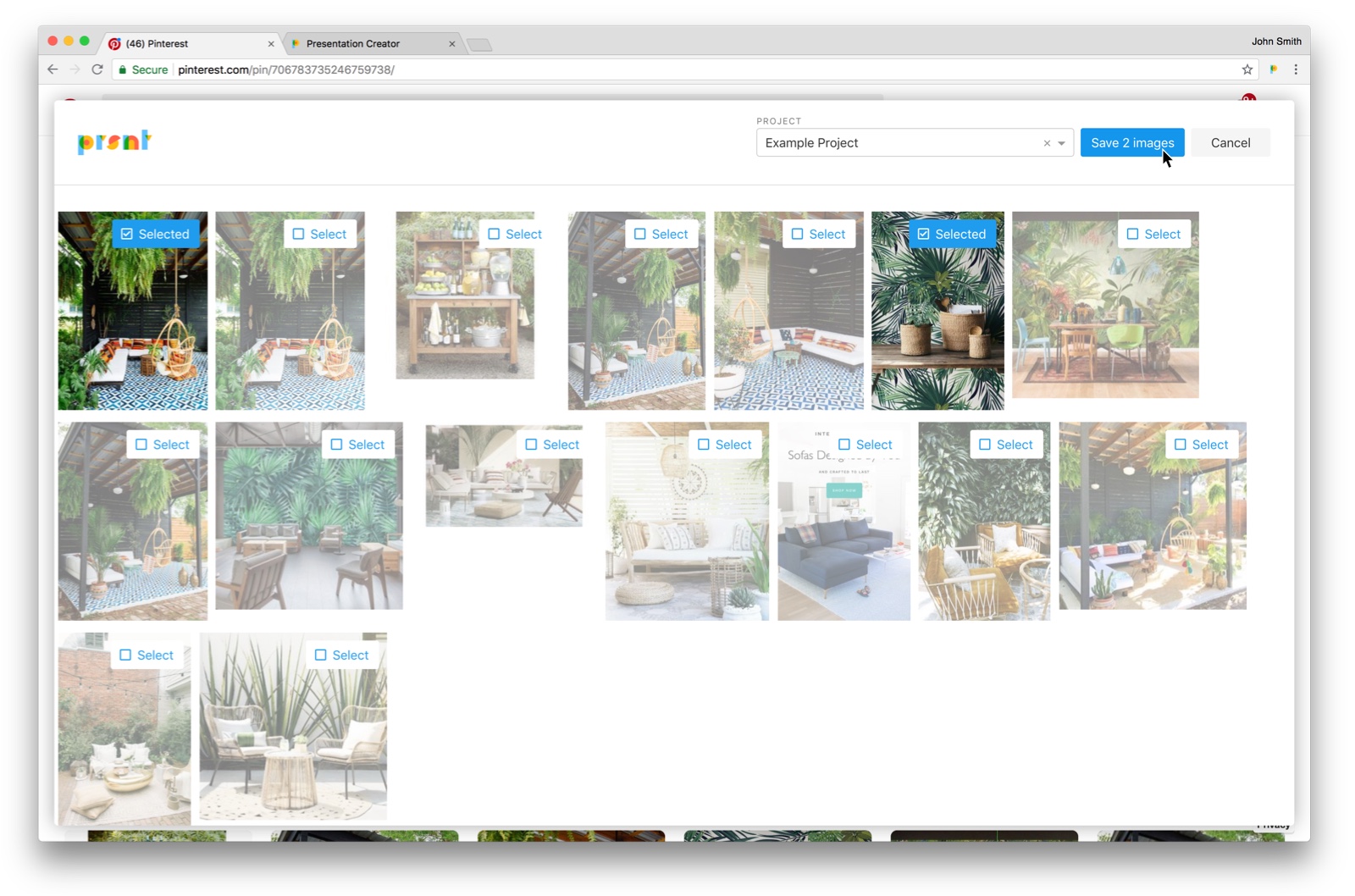 screenshot showing the prsnt.app plugin open on top of a website, mid-use.