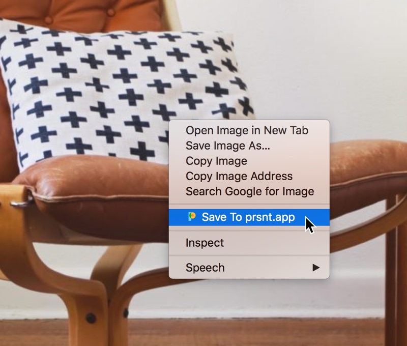 screenshot showing the right-click menu item "Save to prsnt.app", with the new prsnt logo.