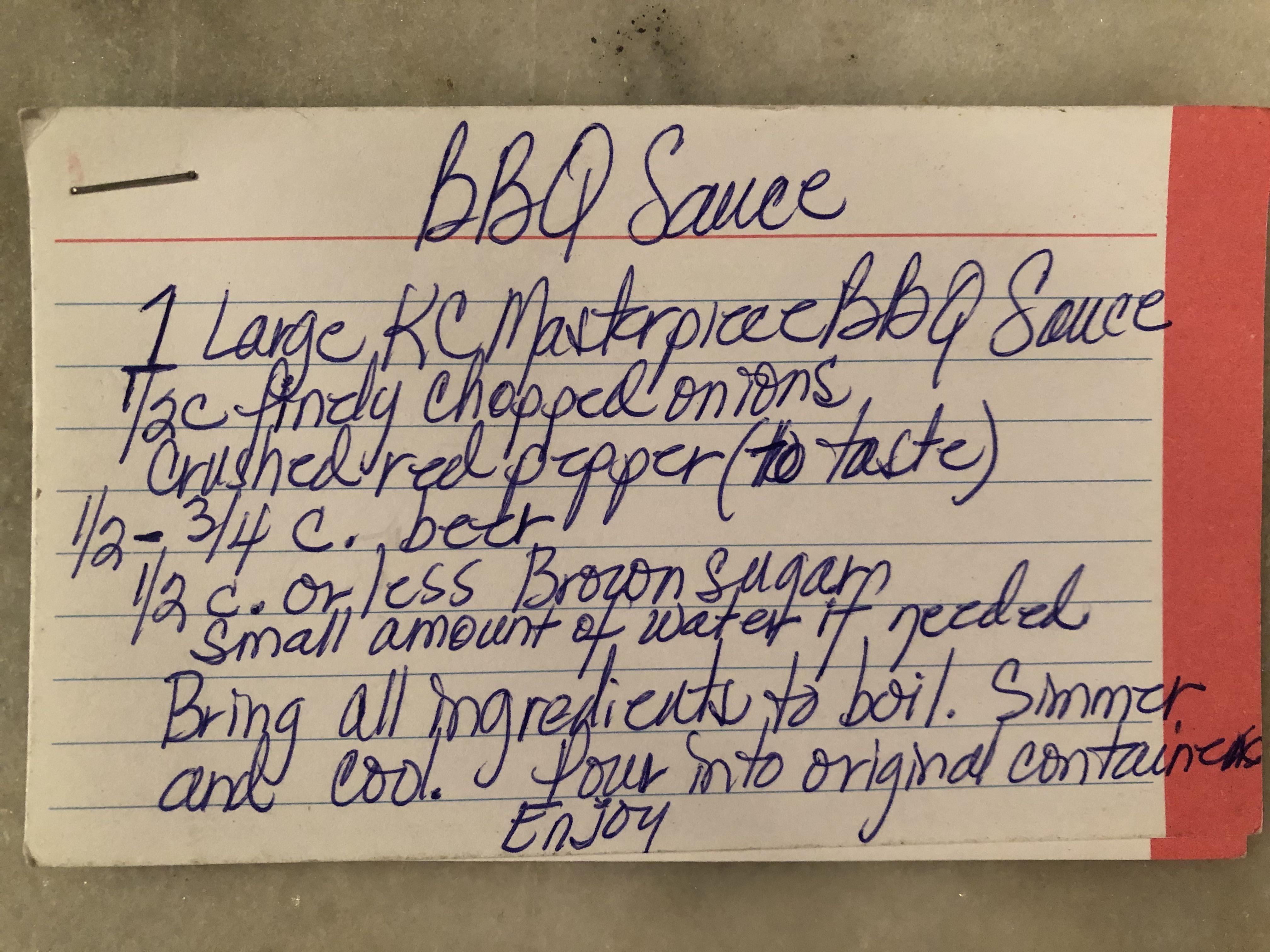 Adjusted BBQ Sauce (hand-written by Sandi Gant), part 1